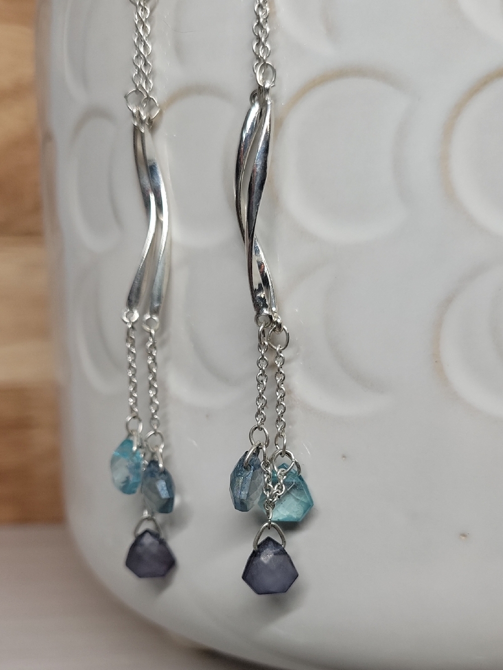 Sterling Silver Blue Chain Dangle Earrings with Aqua and Indigo Faceted Glass